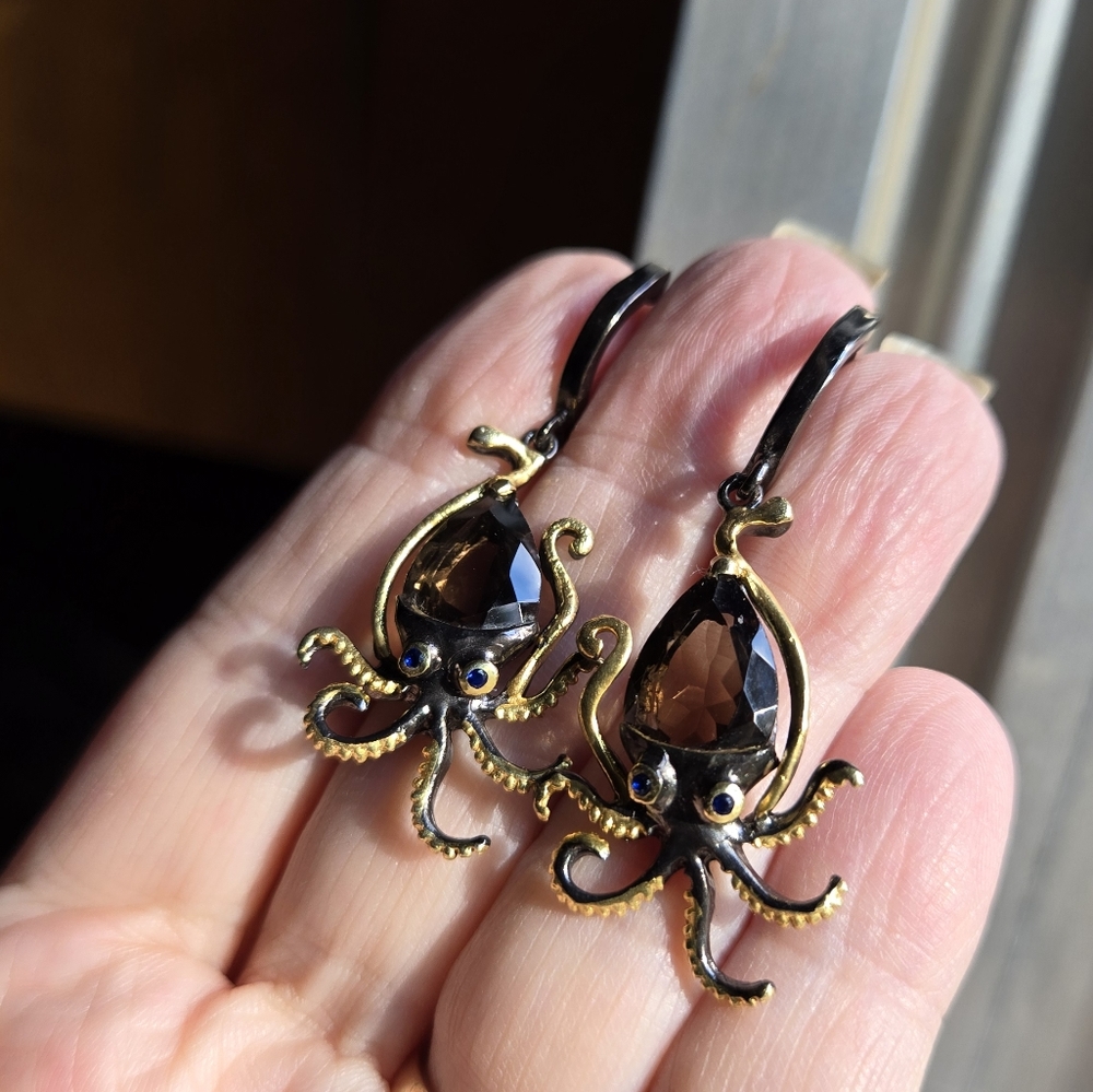 Smokey Quartz & Sapphire Sterling Gold & Rhodium Octopus π Earrings - Picture 4 of 7
